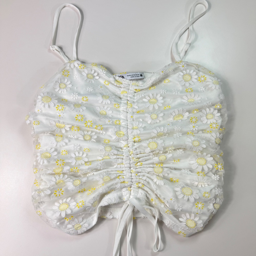 Zara White‎ Floral Mesh Top Sheer Ruched Crop Camisole Boho Summer Womens Small - Picture 4 of 10